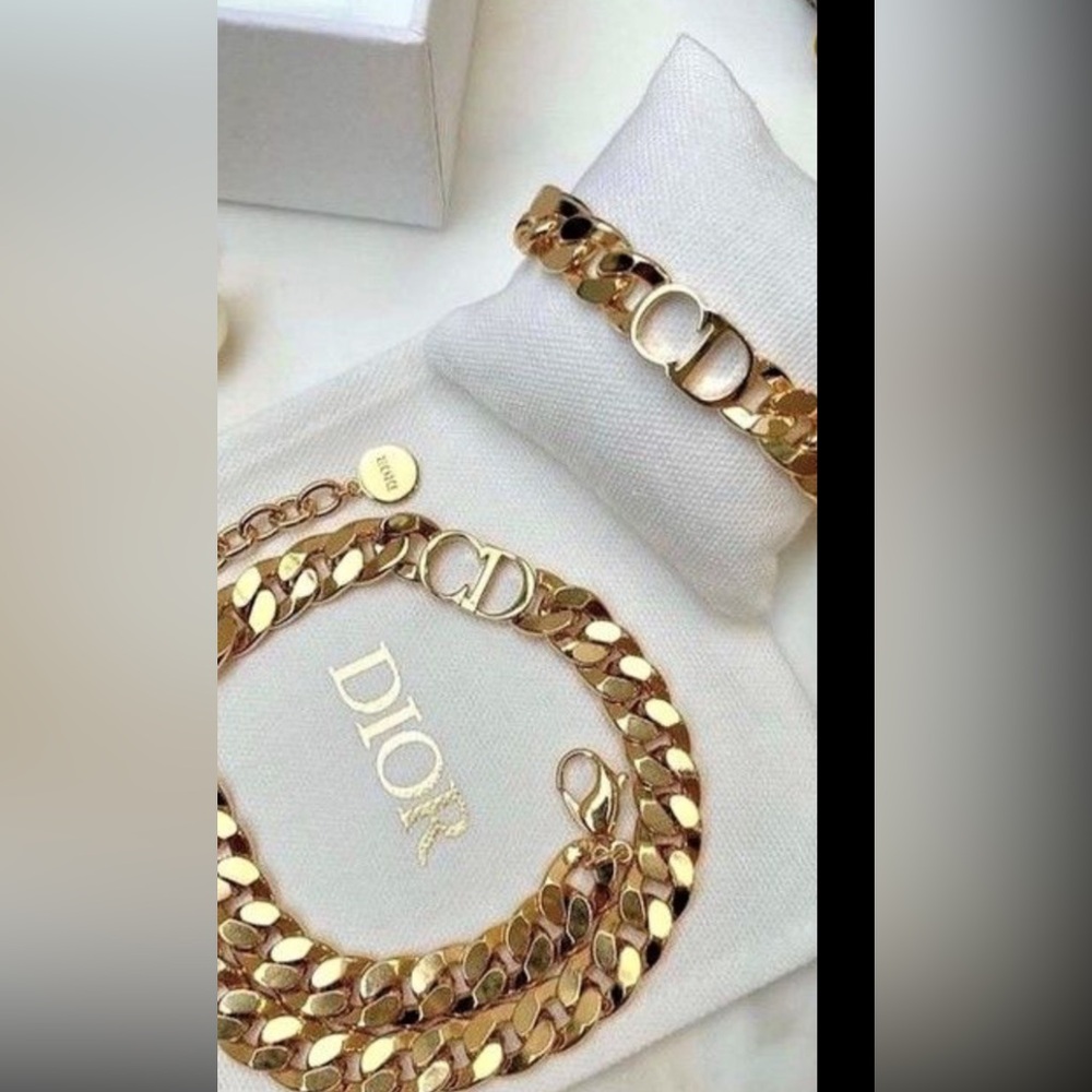 Dior Gold Chain Necklace and Bracelet Set